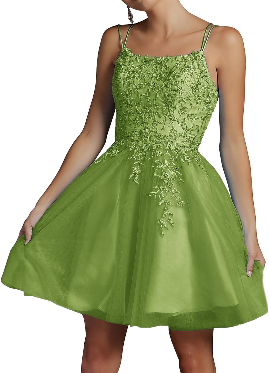 Modest Lace Beaded Tulle Homecoming Dresses Short Square Neck Prom Dress Spaghetti Straps Party Gown