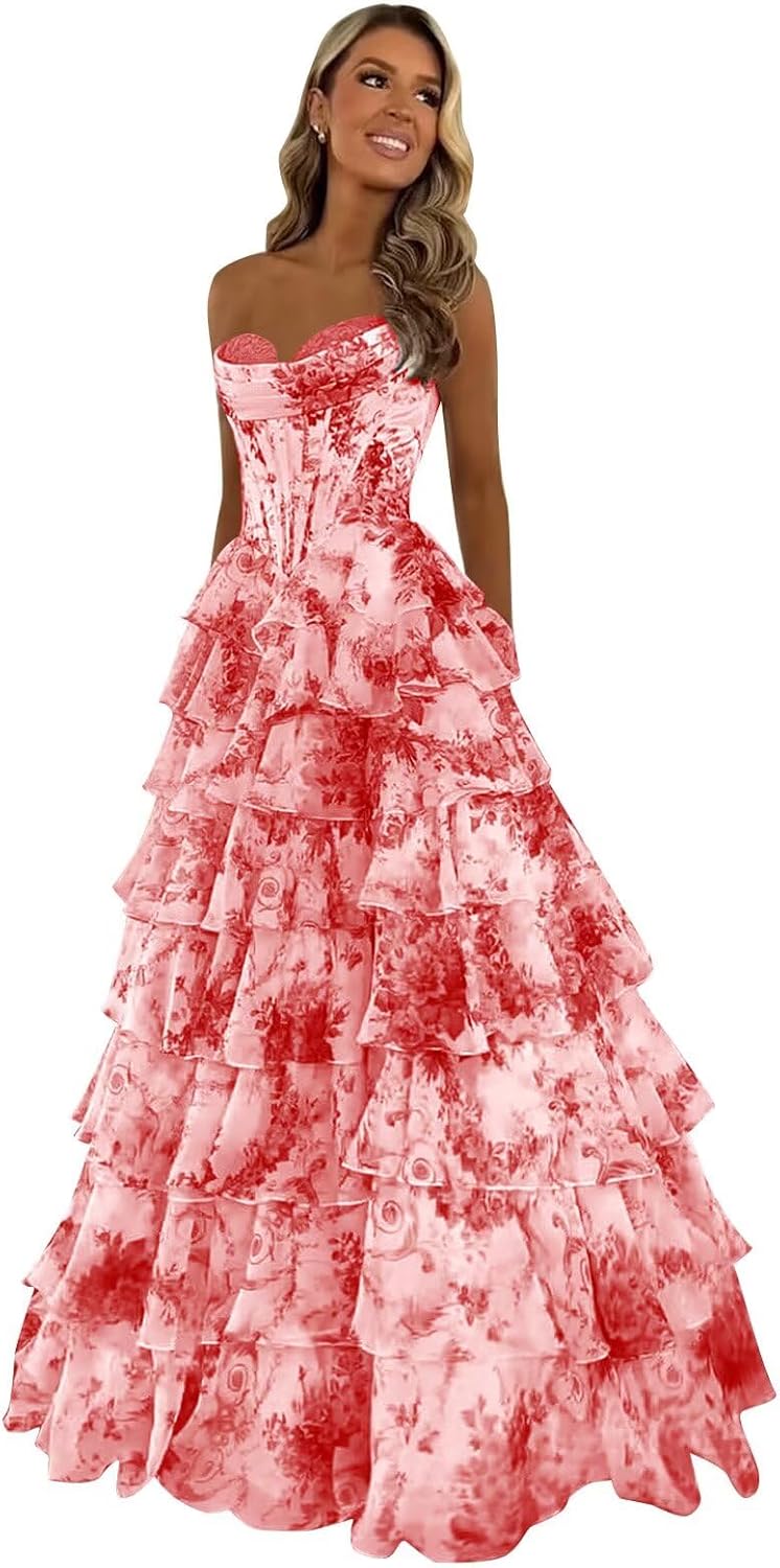 Trägerloses Korsett-Ballkleid für Damen 2025, langes, gestuftes, gerüschtes Chiffon-Abendkleid mit Schlitz 