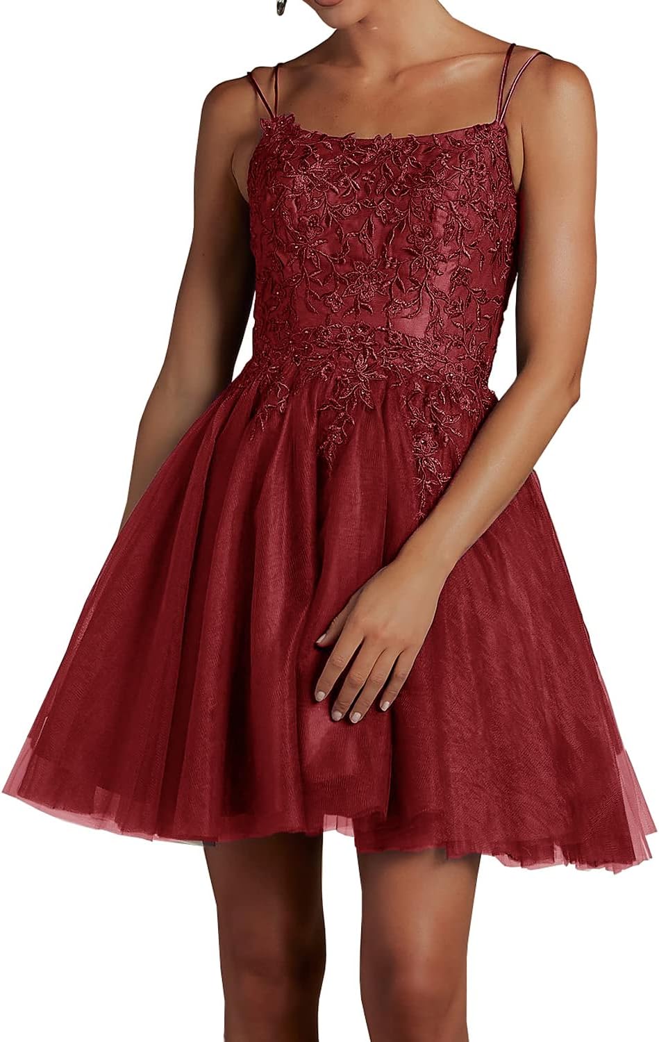 Modest Lace Beaded Tulle Homecoming Dresses Short Square Neck Prom Dress Spaghetti Straps Party Gown