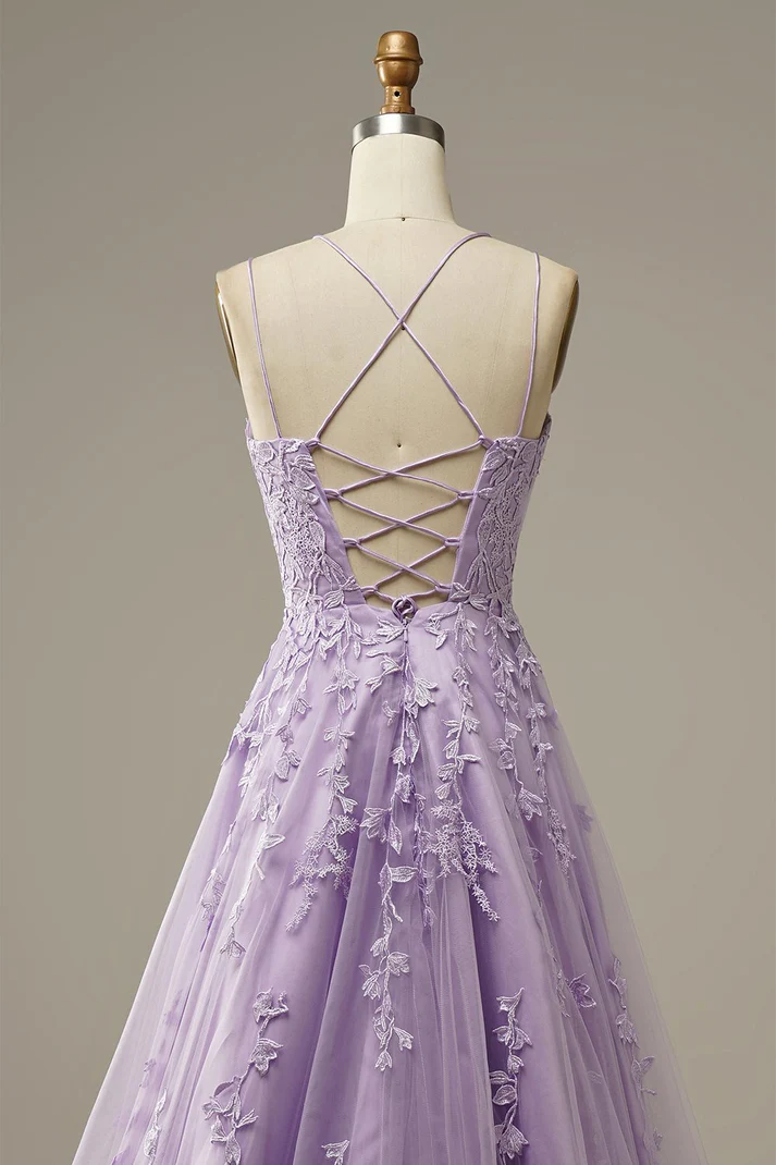 Elegantes vestidos de fiesta color lavanda, vestido de noche corte A, vestido de fiesta con apliques Y1129