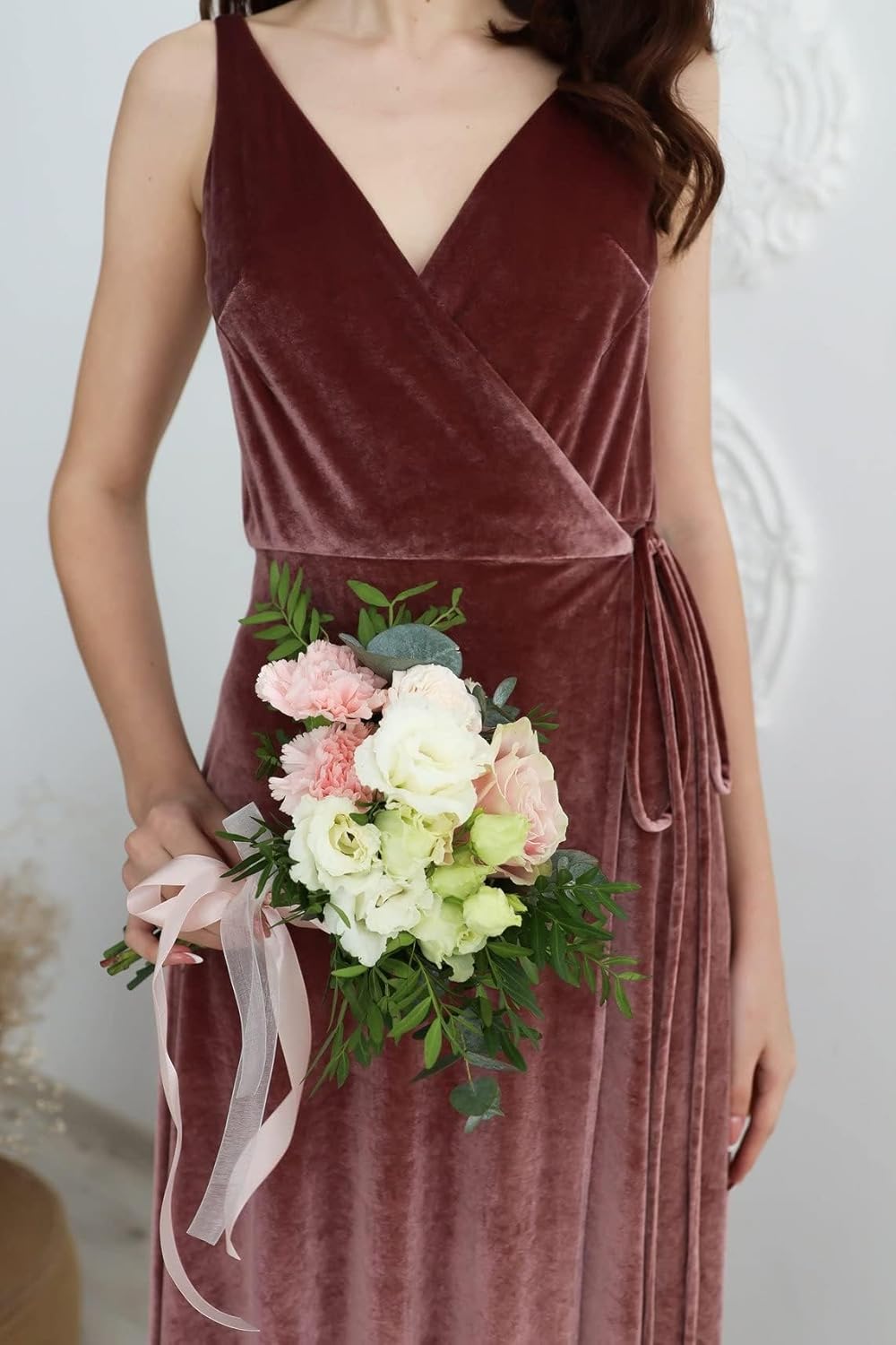 Samt V-Ausschnitt Brautjungfernkleid Langes Damen Ballkleid Formales Partykleid mit Schlitz 