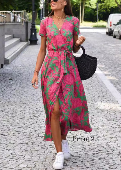 New V Neck Print Side Open Tie Waist Cotton Dress Summer
