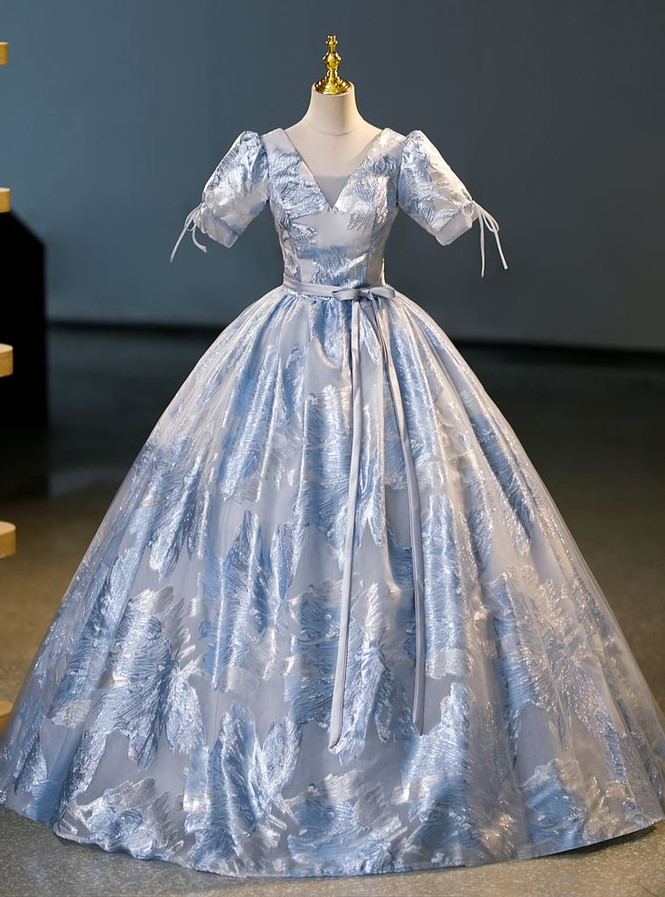 Elegante vestido de quinceañera con estampado azul, corte A, Y7678