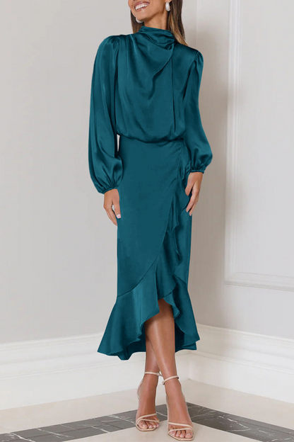 Elegant Solid Flounce Fold Turtleneck Evening Dress