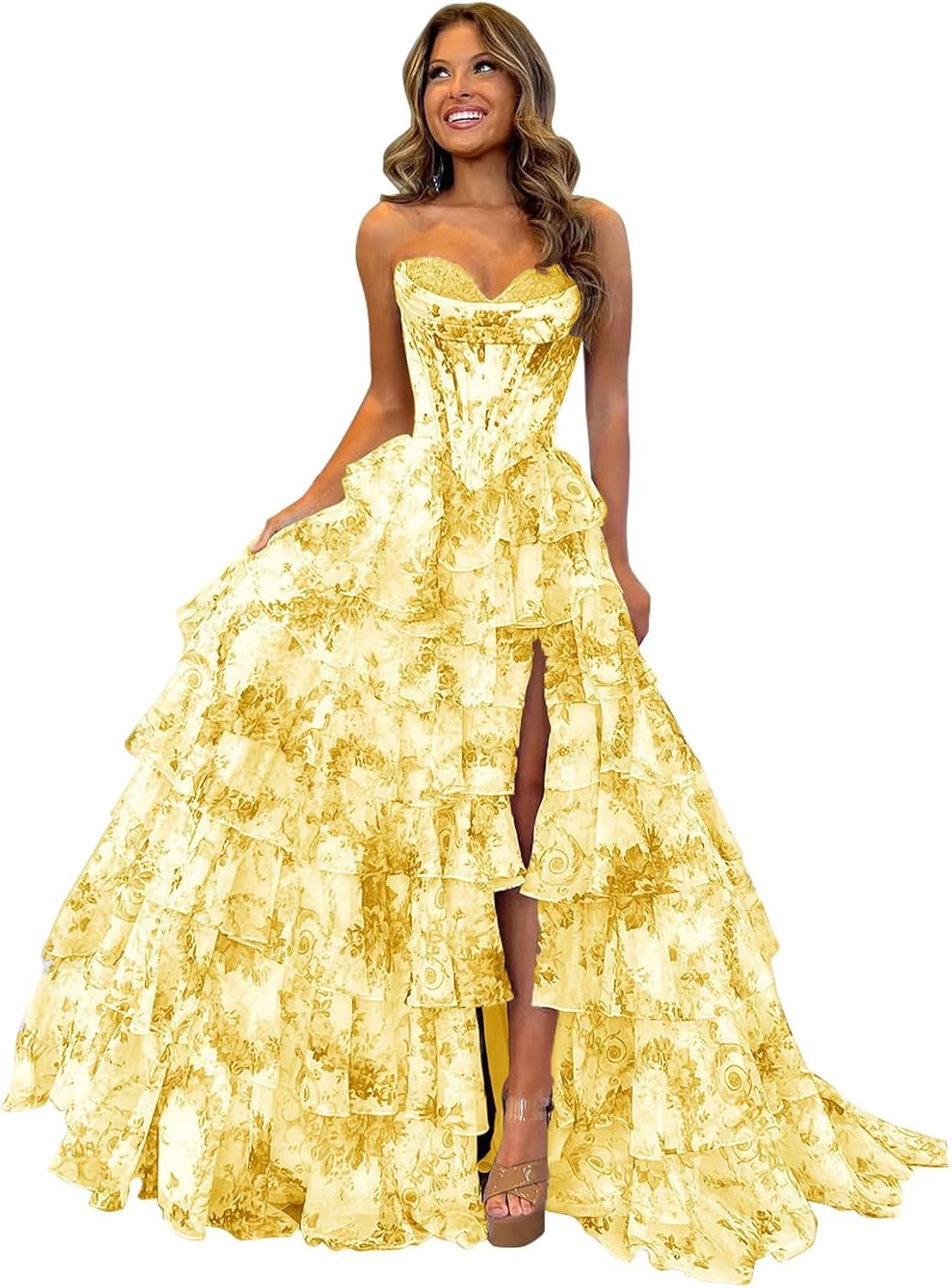 Trägerloses Korsett-Ballkleid für Damen 2025, langes, gestuftes, gerüschtes Chiffon-Abendkleid mit Schlitz 
