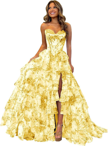Trägerloses Korsett-Ballkleid für Damen 2025, langes, gestuftes, gerüschtes Chiffon-Abendkleid mit Schlitz 