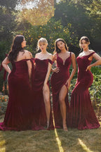 Damen Samt Schlitz Meerjungfrau Ballkleid Lang Schulterfrei Brautjungfernkleid Trägerlos Partykleid 