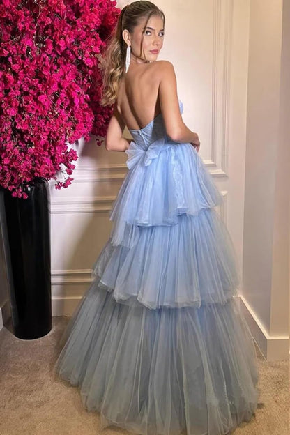 Kaylee | Langes A-Linien-Ballkleid aus Tüll mit Stufen und Rüschen