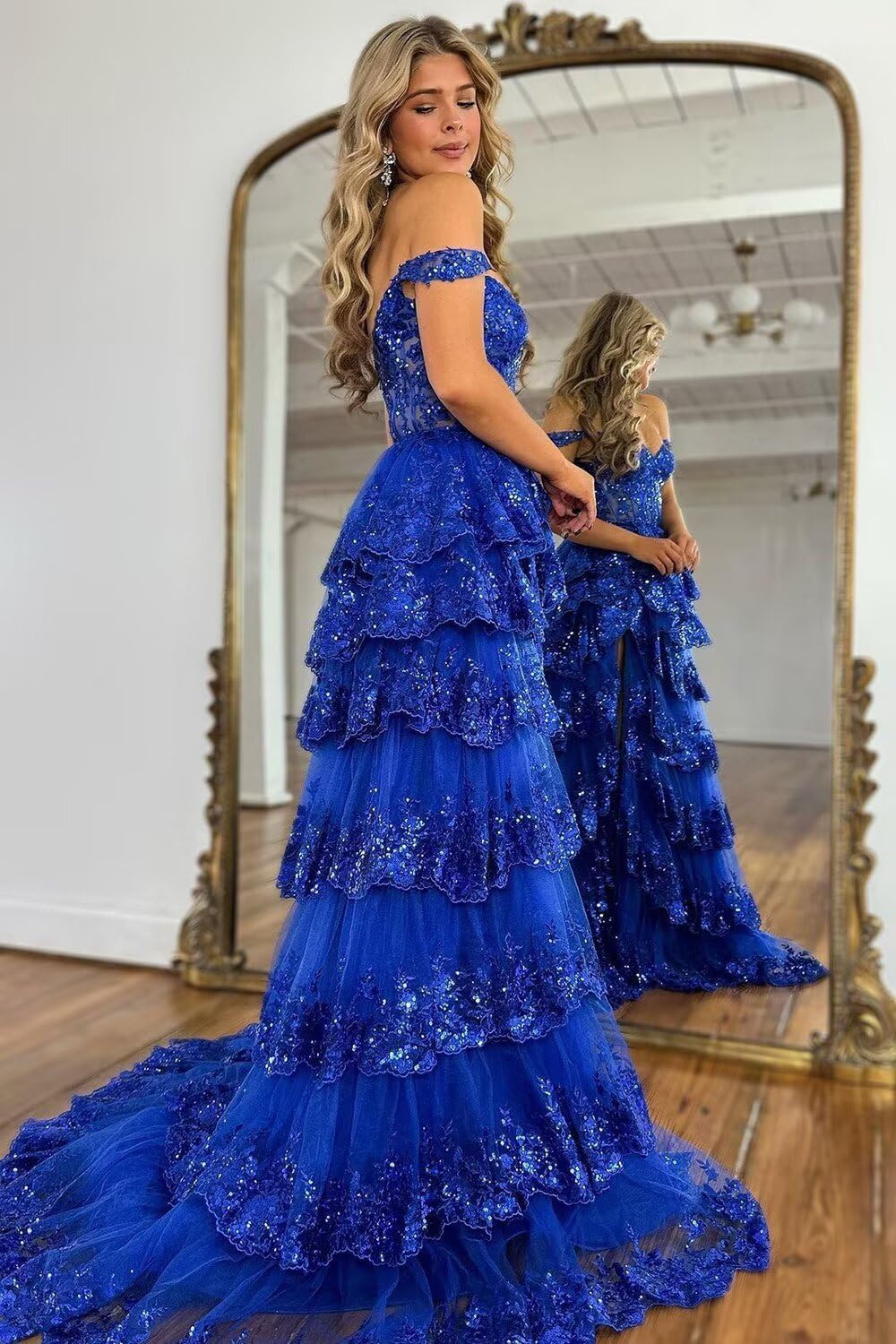 Glitzerndes, gestuftes Spitzen-Tüll-Ballkleid, lang, 2025, Spaghettiträger, formelles Korsett-Abendkleid mit Schlitz 
