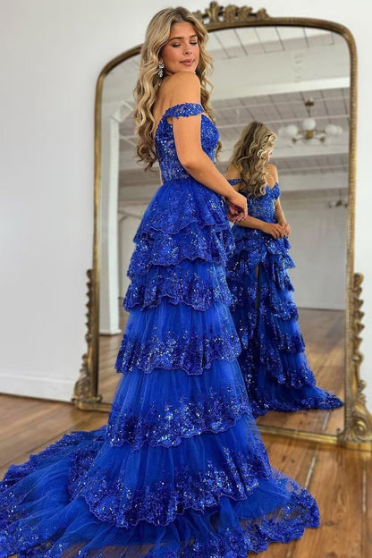 Glitzerndes, gestuftes Spitzen-Tüll-Ballkleid, lang, 2025, Spaghettiträger, formelles Korsett-Abendkleid mit Schlitz 