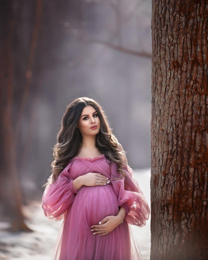 Puffy Sleeve Maternity Dress Tulle Robe for Photoshoot Off Shoulder Pregnancy Baby Shower Gown