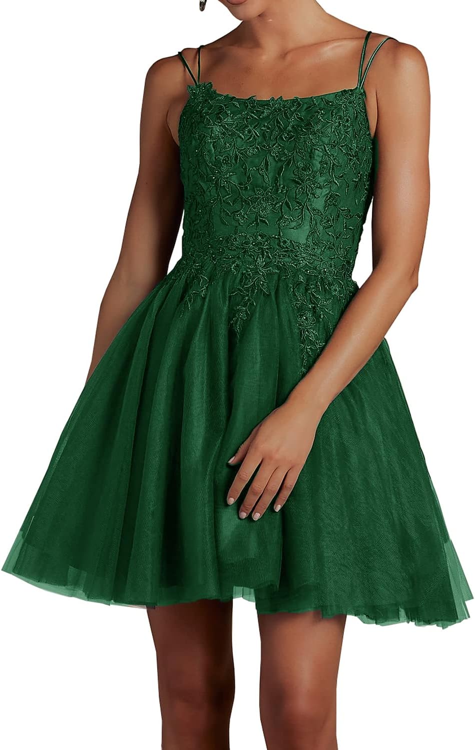 Modest Lace Beaded Tulle Homecoming Dresses Short Square Neck Prom Dress Spaghetti Straps Party Gown