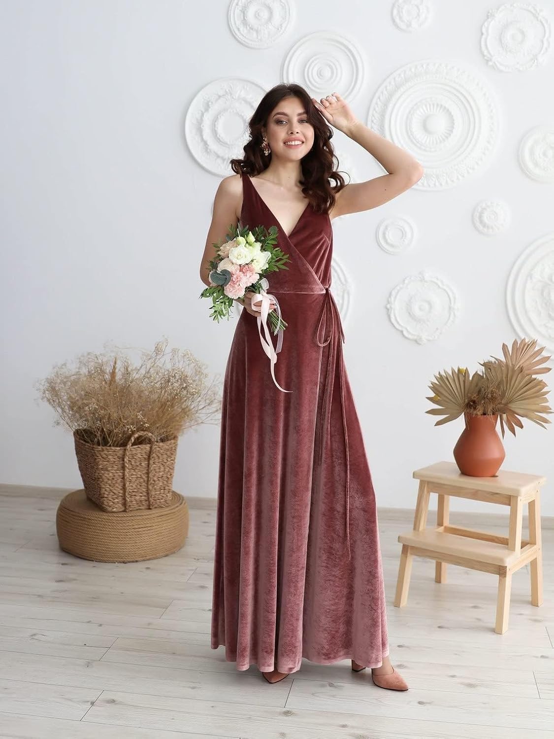 Samt V-Ausschnitt Brautjungfernkleid Langes Damen Ballkleid Formales Partykleid mit Schlitz 