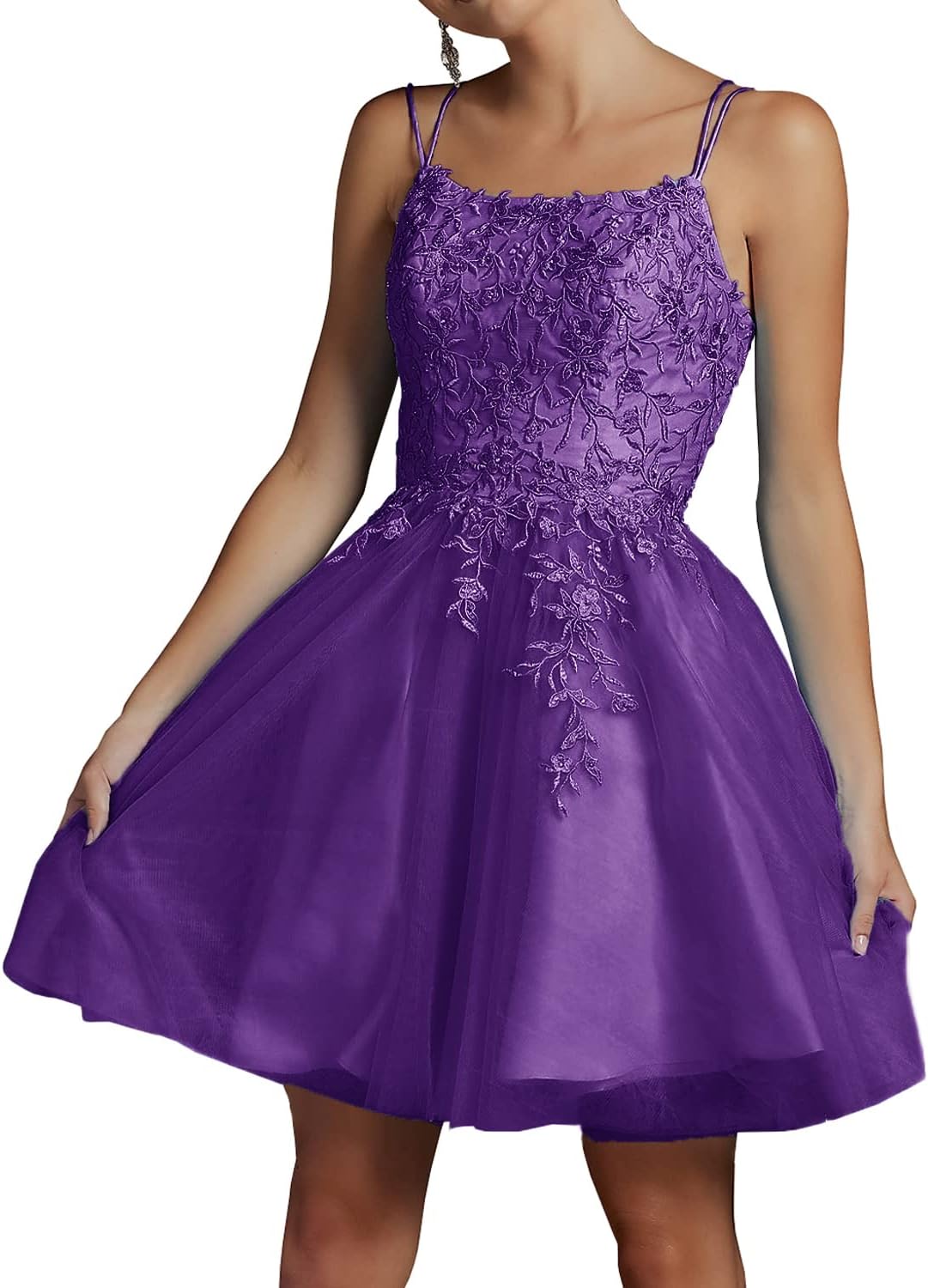 Modest Lace Beaded Tulle Homecoming Dresses Short Square Neck Prom Dress Spaghetti Straps Party Gown