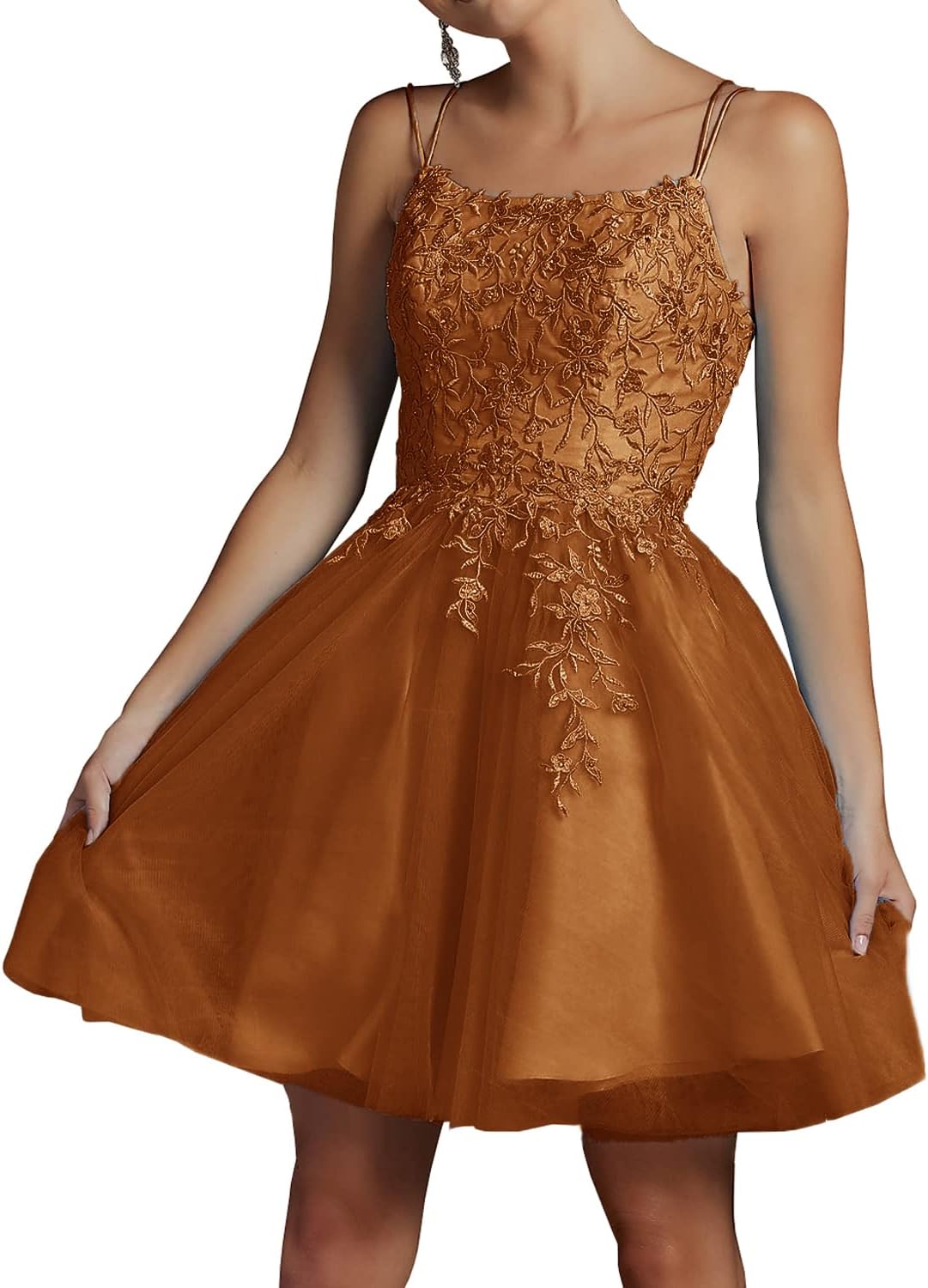 Modest Lace Beaded Tulle Homecoming Dresses Short Square Neck Prom Dress Spaghetti Straps Party Gown