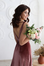 Samt V-Ausschnitt Brautjungfernkleid Langes Damen Ballkleid Formales Partykleid mit Schlitz 