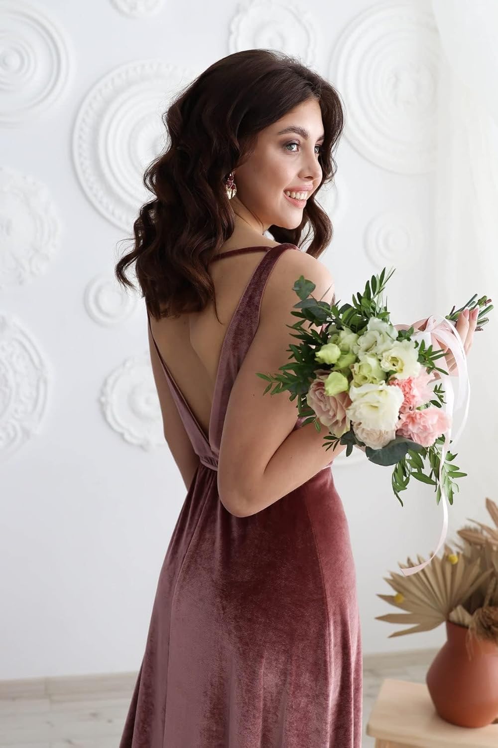 Velvet V Neck Bridesmaid Dress Long Women's Prom Formal Party Gown with Slit