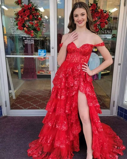 Glitzerndes, gestuftes Spitzen-Tüll-Ballkleid, lang, 2025, Spaghettiträger, formelles Korsett-Abendkleid mit Schlitz 