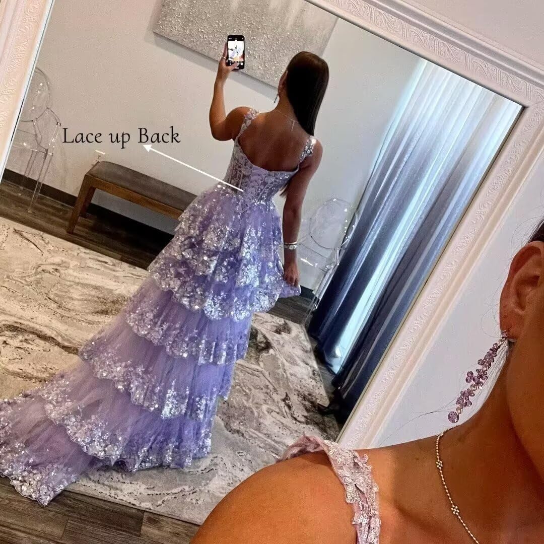 Glitzerndes, gestuftes Spitzen-Tüll-Ballkleid, lang, 2025, Spaghettiträger, formelles Korsett-Abendkleid mit Schlitz 