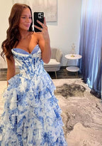 Strapless Corset Prom Dresses for Women 2025 Long Tiered Ruffle Chiffon Formal Evening Gown with Slit