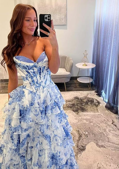 Trägerloses Korsett-Ballkleid für Damen 2025, langes, gestuftes, gerüschtes Chiffon-Abendkleid mit Schlitz 