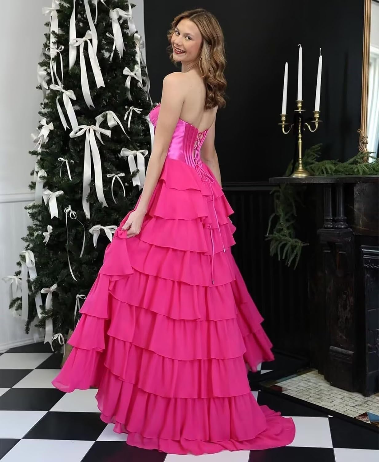 Trägerloses Korsett-Ballkleid für Damen 2025, langes, gestuftes, gerüschtes Chiffon-Abendkleid mit Schlitz 