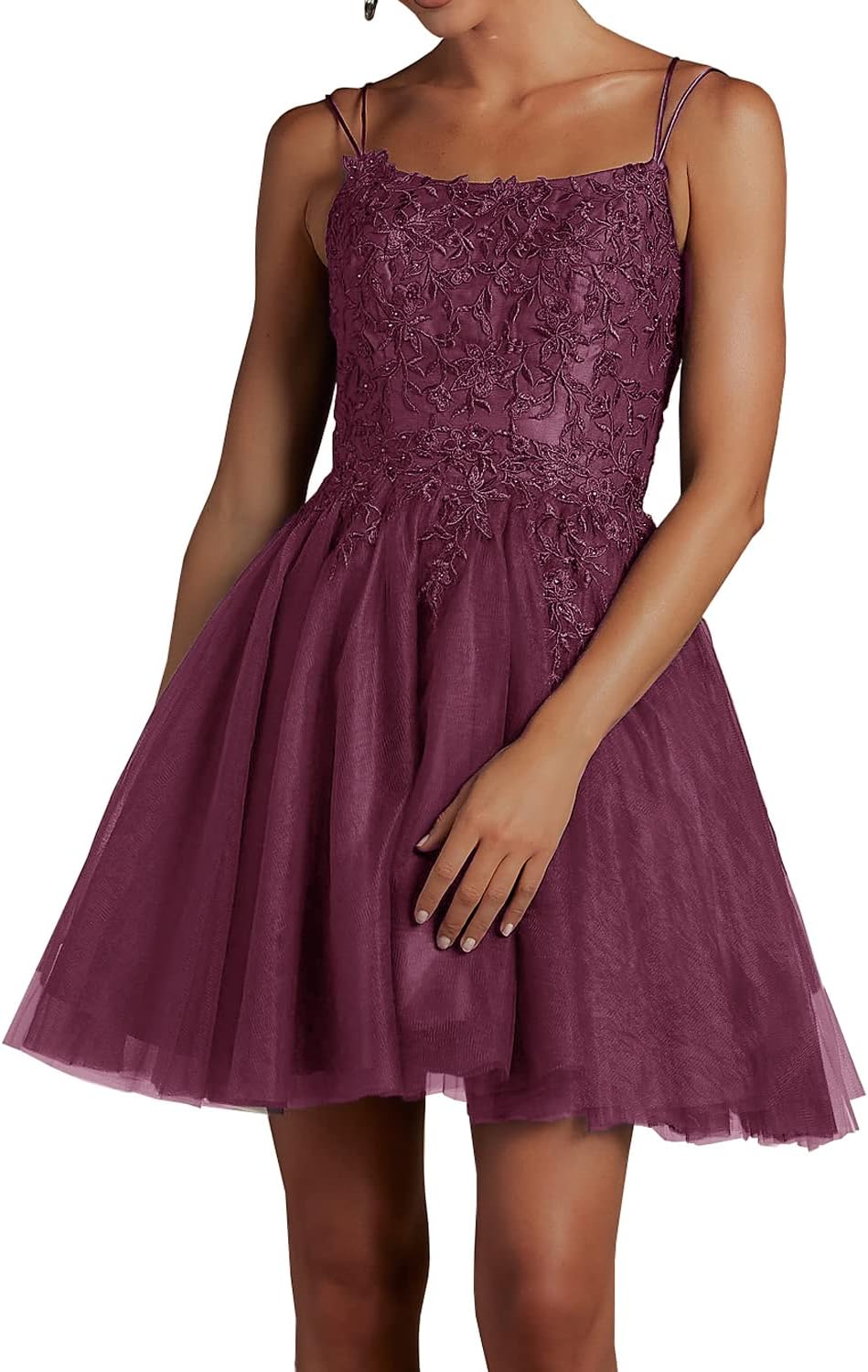 Modest Lace Beaded Tulle Homecoming Dresses Short Square Neck Prom Dress Spaghetti Straps Party Gown