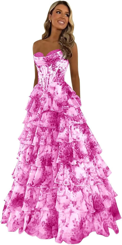Trägerloses Korsett-Ballkleid für Damen 2025, langes, gestuftes, gerüschtes Chiffon-Abendkleid mit Schlitz 