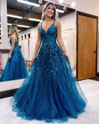 Floral Lace Glitter Tulle Prom Dress Long Ball Gown V Neck Formal Evening Dress Maxi Party Gown