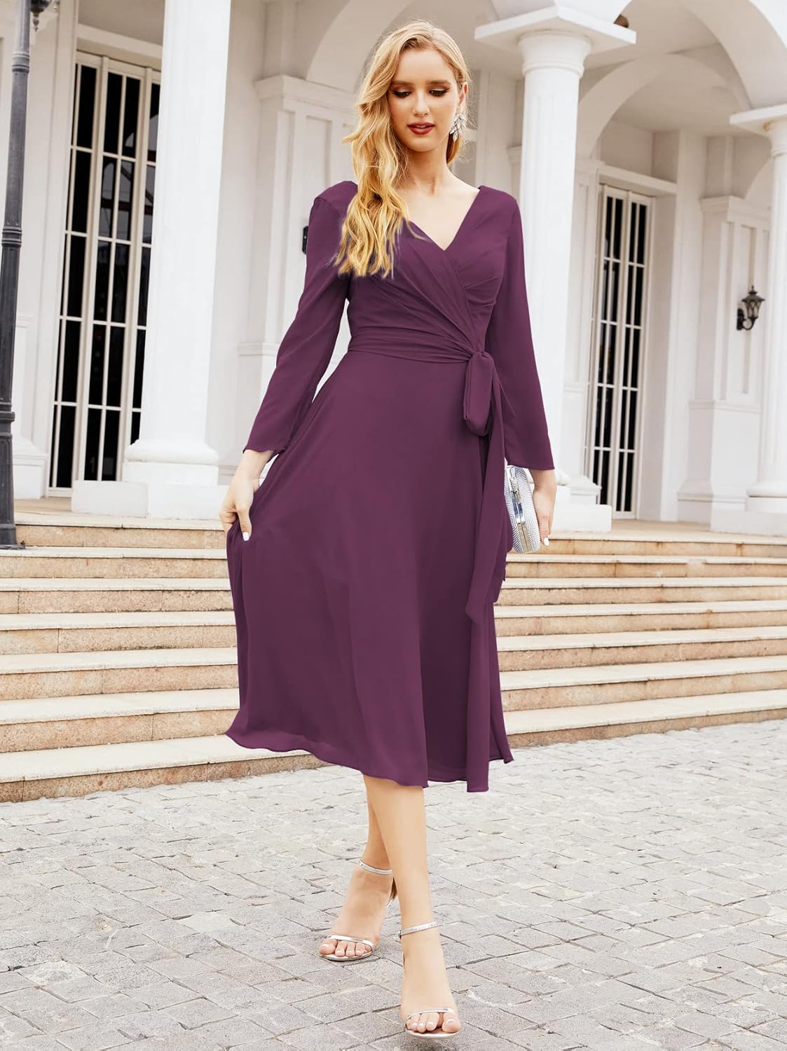 Sunnderly Chiffon Bridesmaid Dress V-Back Waist Belt Formal Prom Gown Mother of The Bride Wedding Guest