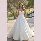 Civil V-Neck Wedding Dresses Square Collar Satin Bridal Gowns A-line Backless Buttons Bride Party Spaghetti Straps-payinti