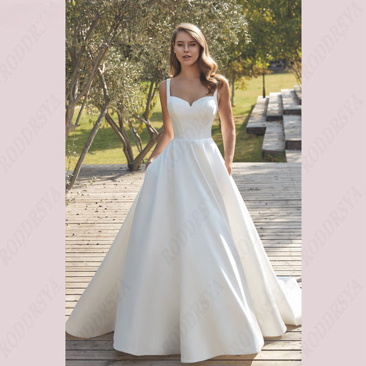 Civil V-Neck Wedding Dresses Square Collar Satin Bridal Gowns A-line Backless Buttons Bride Party Spaghetti Straps-payinti
