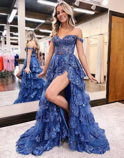 Glitzerndes, gestuftes Spitzen-Tüll-Ballkleid, lang, 2025, Spaghettiträger, formelles Korsett-Abendkleid mit Schlitz 