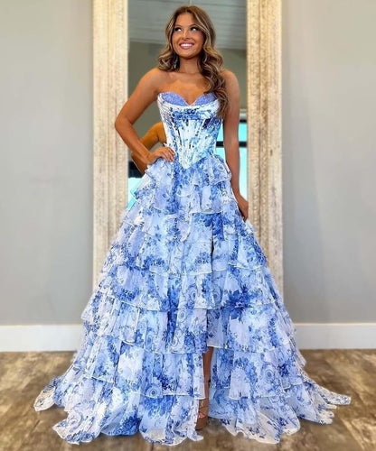 Trägerloses Korsett-Ballkleid für Damen 2025, langes, gestuftes, gerüschtes Chiffon-Abendkleid mit Schlitz 