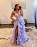 Glitzerndes, gestuftes Spitzen-Tüll-Ballkleid, lang, 2025, Spaghettiträger, formelles Korsett-Abendkleid mit Schlitz 