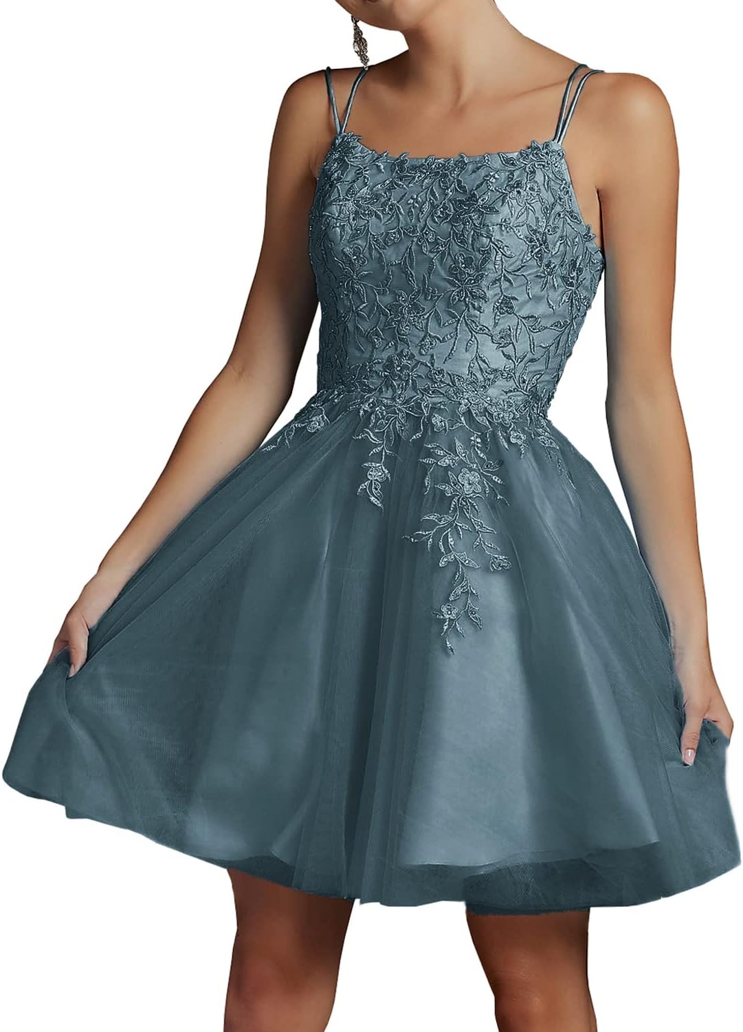 Modest Lace Beaded Tulle Homecoming Dresses Short Square Neck Prom Dress Spaghetti Straps Party Gown