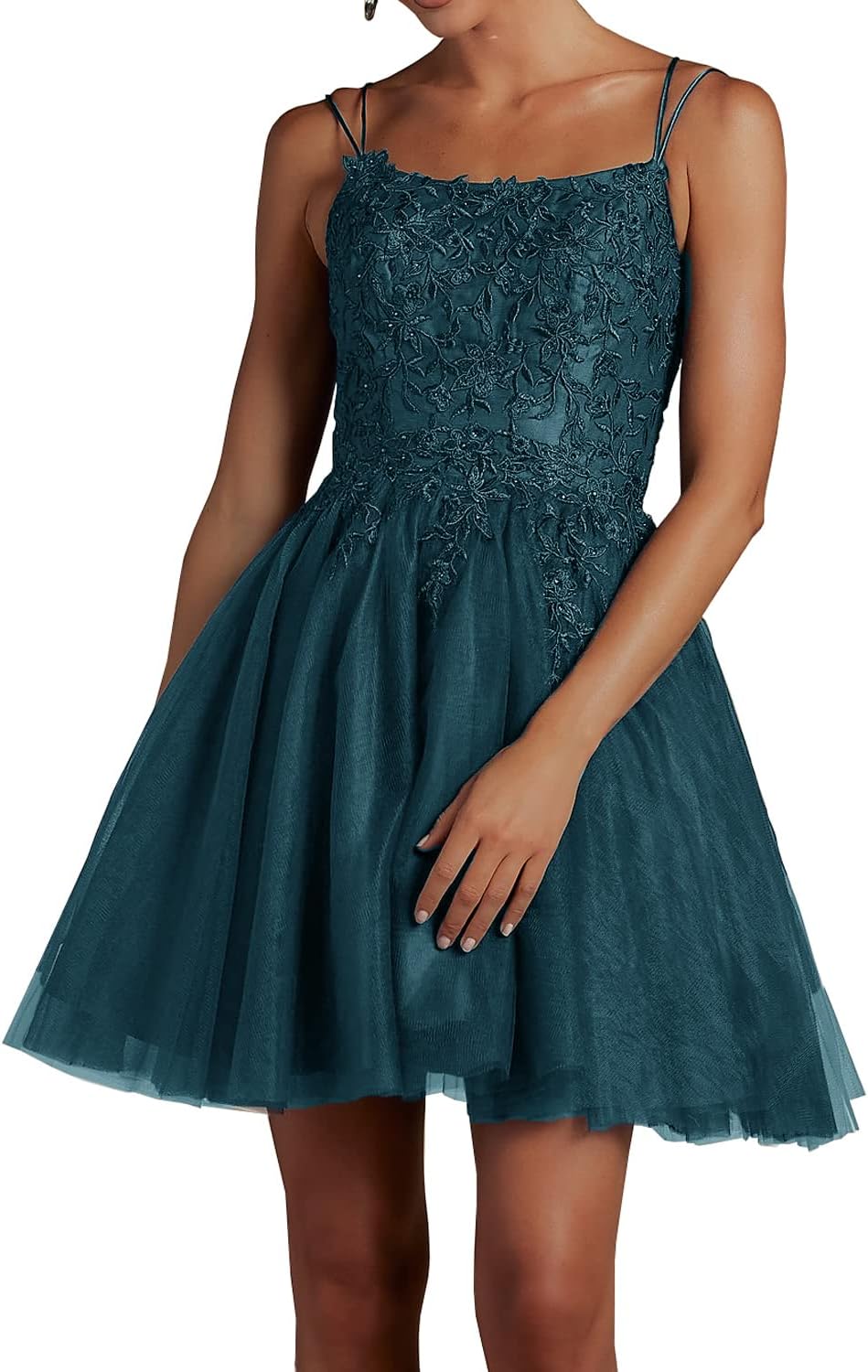 Modest Lace Beaded Tulle Homecoming Dresses Short Square Neck Prom Dress Spaghetti Straps Party Gown