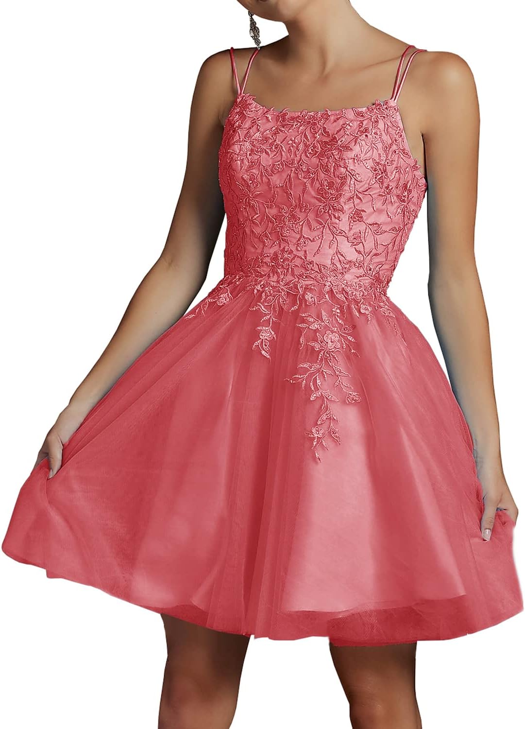 Modest Lace Beaded Tulle Homecoming Dresses Short Square Neck Prom Dress Spaghetti Straps Party Gown