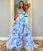 Strapless Corset Prom Dresses for Women 2025 Long Tiered Ruffle Chiffon Formal Evening Gown with Slit