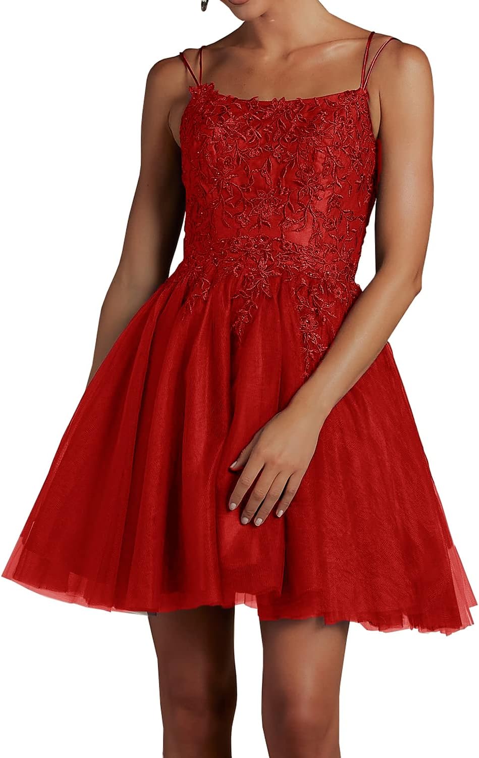 Modest Lace Beaded Tulle Homecoming Dresses Short Square Neck Prom Dress Spaghetti Straps Party Gown