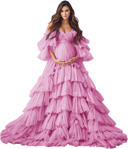 Puffy Tüll Robe Umstandskleid für Fotoshooting Transparente Braut Dessous Hochzeitskleid Lange Baby Shower Schwangerschaftskleider 