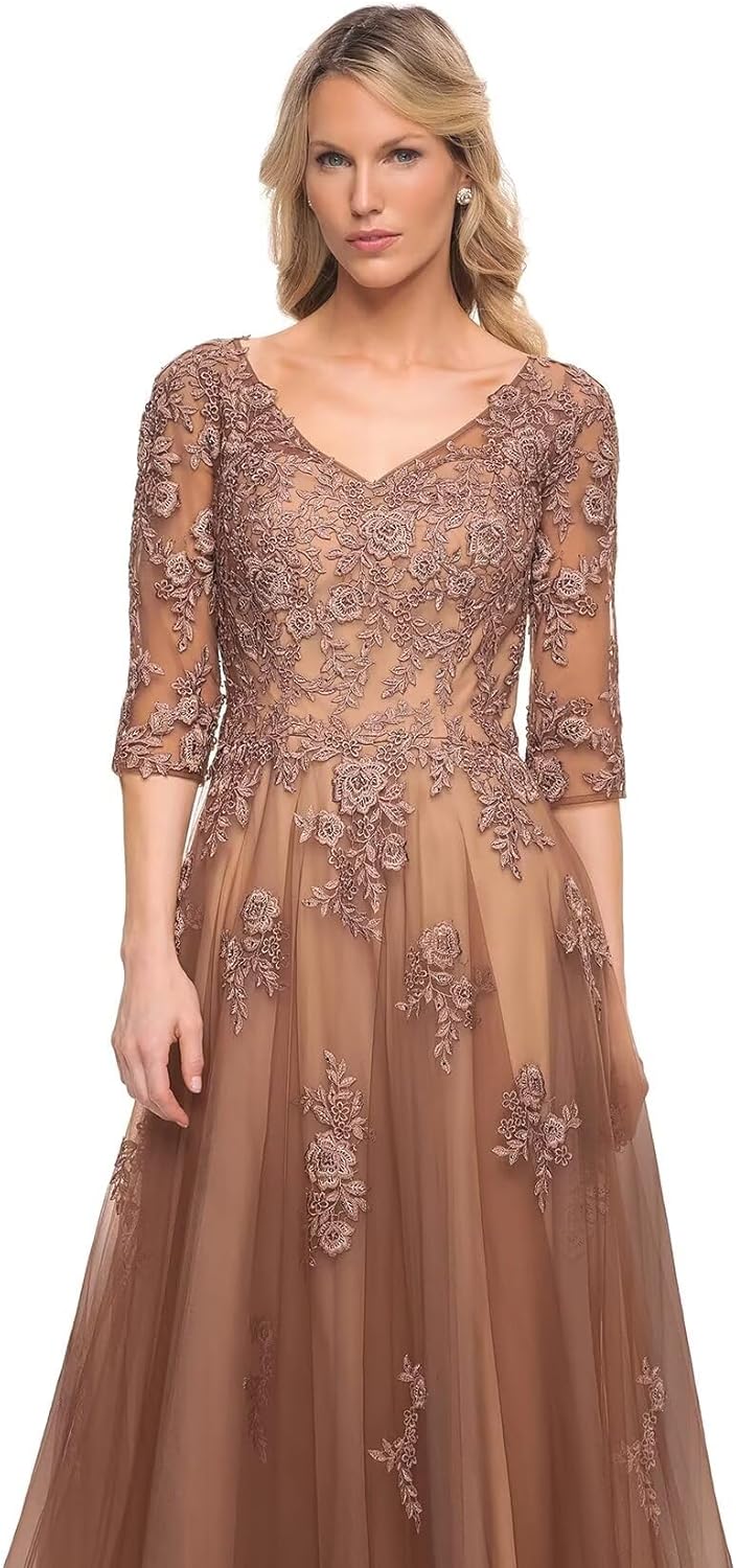 Women's V-Neck 3/4 Sleeve Mother of The Bride Dress A-line Tulle Lace Appliques Long Formal Party Dress QA117