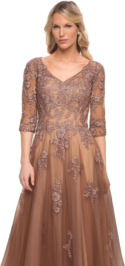Women's V-Neck 3/4 Sleeve Mother of The Bride Dress A-line Tulle Lace Appliques Long Formal Party Dress QA117