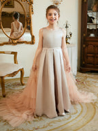A-Linie Satin Tüll Sweep/Pinsel zug Champagner Kleid (010225319) 