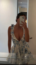 A-Linie V-Ausschnitt Blau Print Floral Kurzes Homecoming-Kleid Sommer-Strandkleid Y429