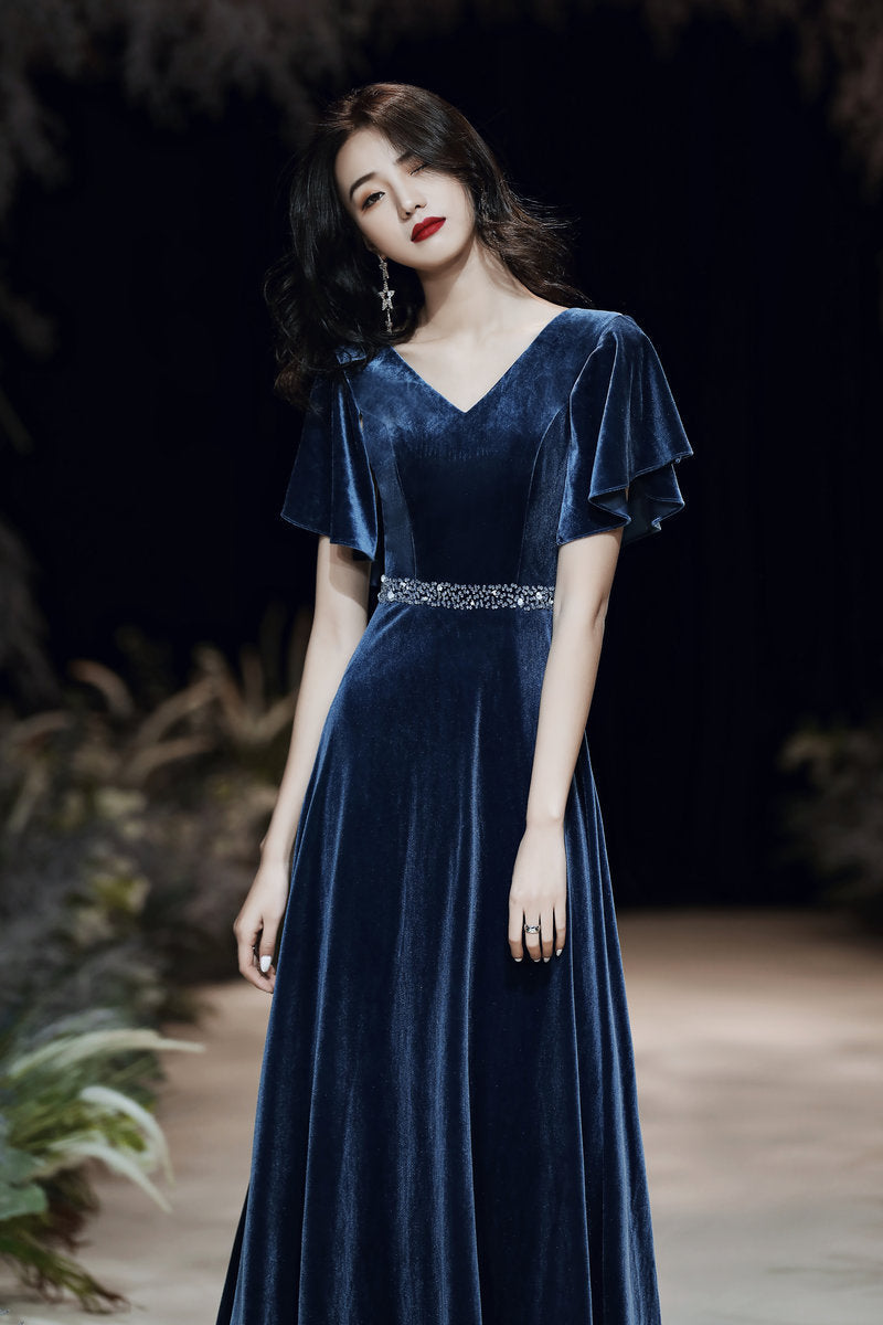 Blaues Abendkleid nach Maß elegantes Kleid sexy Ballkleid Samtkleid, nach Maß Y1172
