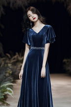 Blaues Abendkleid nach Maß elegantes Kleid sexy Ballkleid Samtkleid, nach Maß Y1172