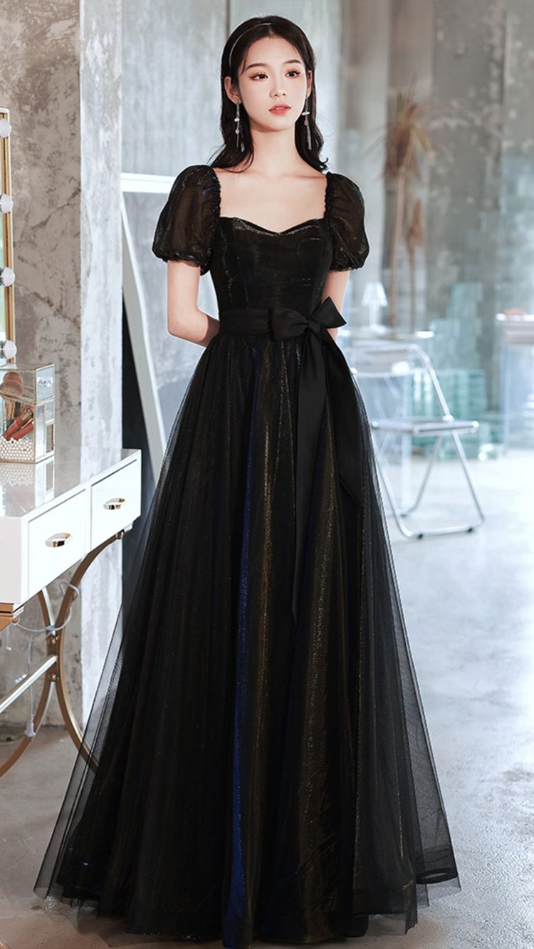 Vestido de fiesta largo de tul negro, corte A, vestido de noche Y1138