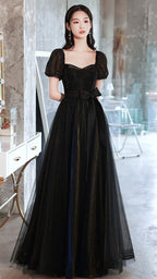 Vestido de fiesta largo de tul negro, corte A, vestido de noche Y1138
