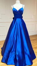 Vestidos de fiesta azul rey con escote en V y satén en forma de A, vestidos de noche Y1163